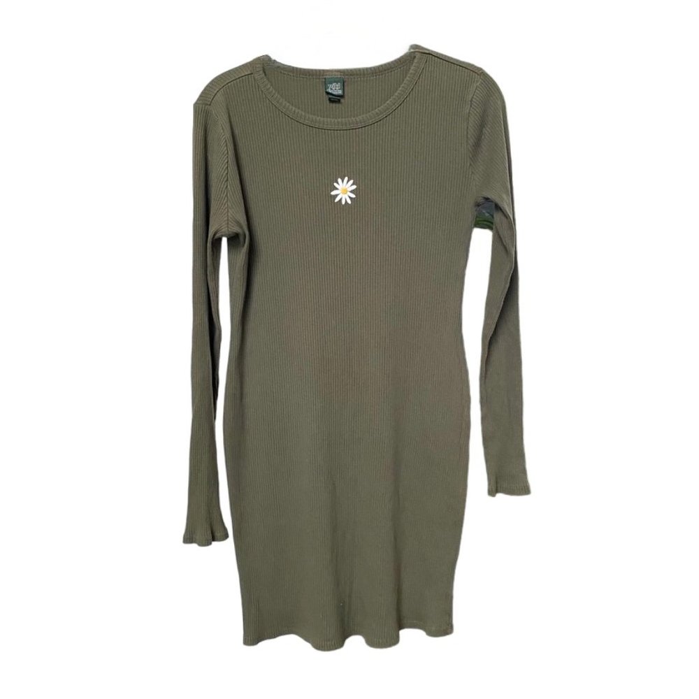 Wild Fable Green Ribbed Bodycon Long Sleeve Dress Daisy Sz L #04